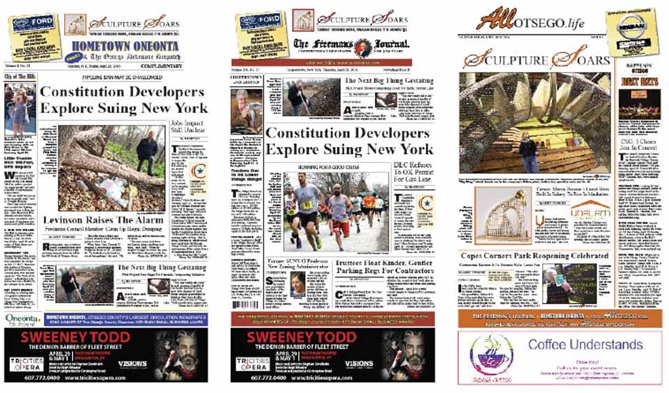 Coincidentally, two "geniuses" – winners of the $1 million MacArthur Fellowships, dubbed the "genius awards" – appear in this week's newspapers. In an item on page A1 of Hometown Oneonta, it's noted that fiction writer George Saunders, author of the hailed short-story collection, "The Tenth of December" – he lives "somewhere in the Oneonta vicinity" – is publishing his first novel in the next few months. On page B1, the AllOTSEGO.life front, "genius" sculptor Martin Puryear of Washington D.C., has contracted with Unalam to fabricate his next huge creation, "Big Bling," which will be erected in Manhattan next month. Not all of us can be geniuses, but the amount of accomplish in this week's editions is pretty astonishing.