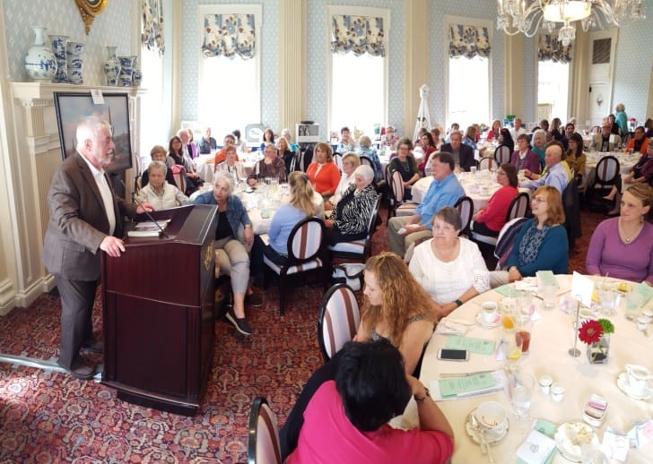 Frank Hayes, author of "Death at the Black Bull" speaks at the Worchester Free Library Author's Luncheon and Silent Auction at the Otesaga this afternoon. He shared how he got started in writing, the challenges of writing with a large family, and read passages from his novel. (Ian Austin/AllOTSEGO.com)