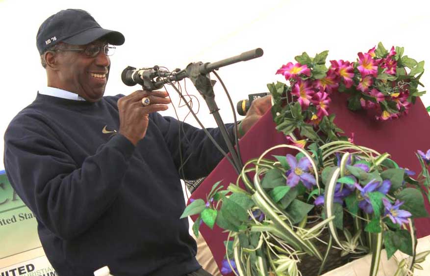 Oneonta NAACP President Lee Fisher tells a celebration that follows: "When we shoed up like we did today we tured a lot of evil-doers away."