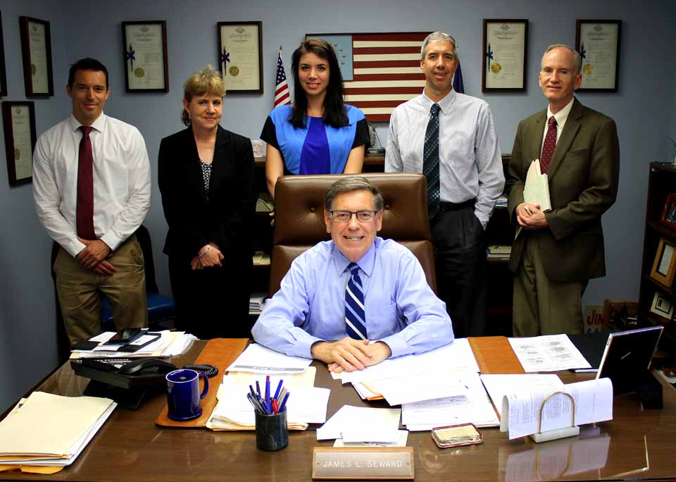 State Sen. Jim Seward, R-Milford, is back on the job after undergoing an operation in April, and will be in Albany tomorrow pressing for legislation as the upper chamber begins the final three weeks of the current session. With him are his Oneonta staffers, from left, legislative assistant Damon Jefferes, secretary Julie Taylor, special assistant Katie Moshier, communications director Jeff Bishop and chief of staff Duncan Davie. (Ian Austin/AllOTSEGO.com)