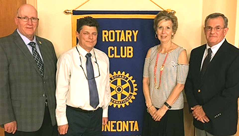 Opportunities for Otsego President Dan Maskin, second from left, was installed as president of the Oneonta Rotary Club for the 2016-17 year at the annual Pass The Gavel Dinner Thursday, June 23, at the Oneonta Elks. The Rotary’s administrative year begins tomorrow, July 1. Others, from left are, David Mattice, Chesser Realty, 2017-18 president elect; outgoing president Dave Rowley, the retired school superintendent, and Cindy Struckle, ONC BOCES data manager, 2018-19 president elect.