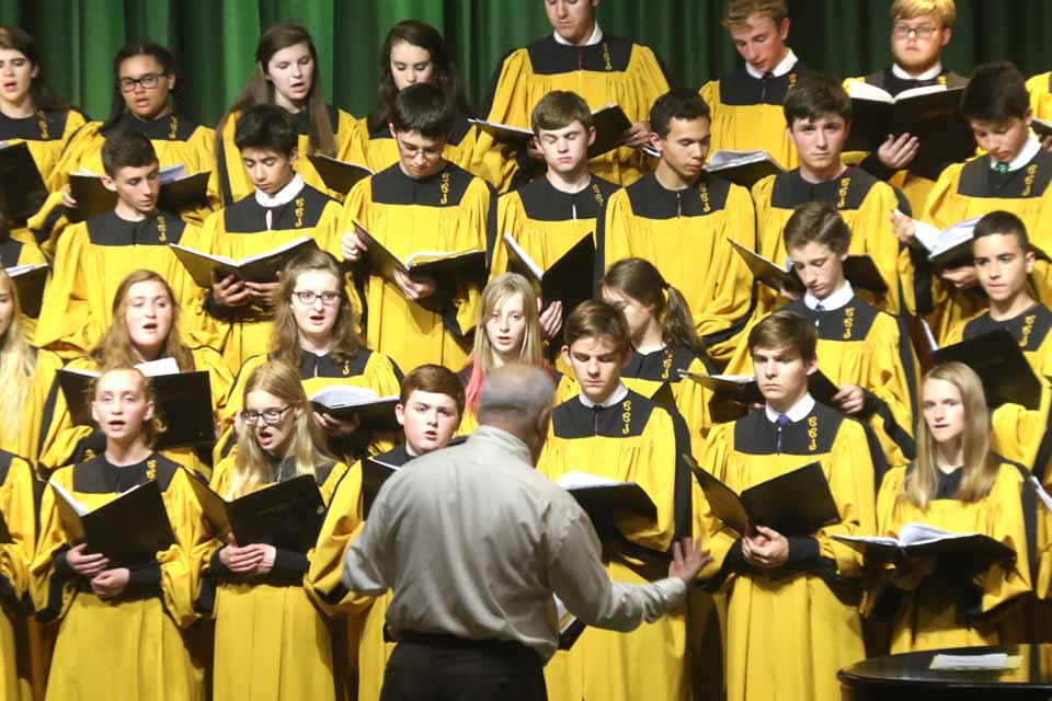 The Cooperstown Central School Concert Choir is performing selections from "Les Miserables" at this hour in Sterling Auditorium, part of the annual spring choir, directed by Sal Salvaggio. The musical evening includes performances by the Harmonia and the Concert Band, directed by Tim Iversen. (Jim Kevlin/AllOTSEGO.com)