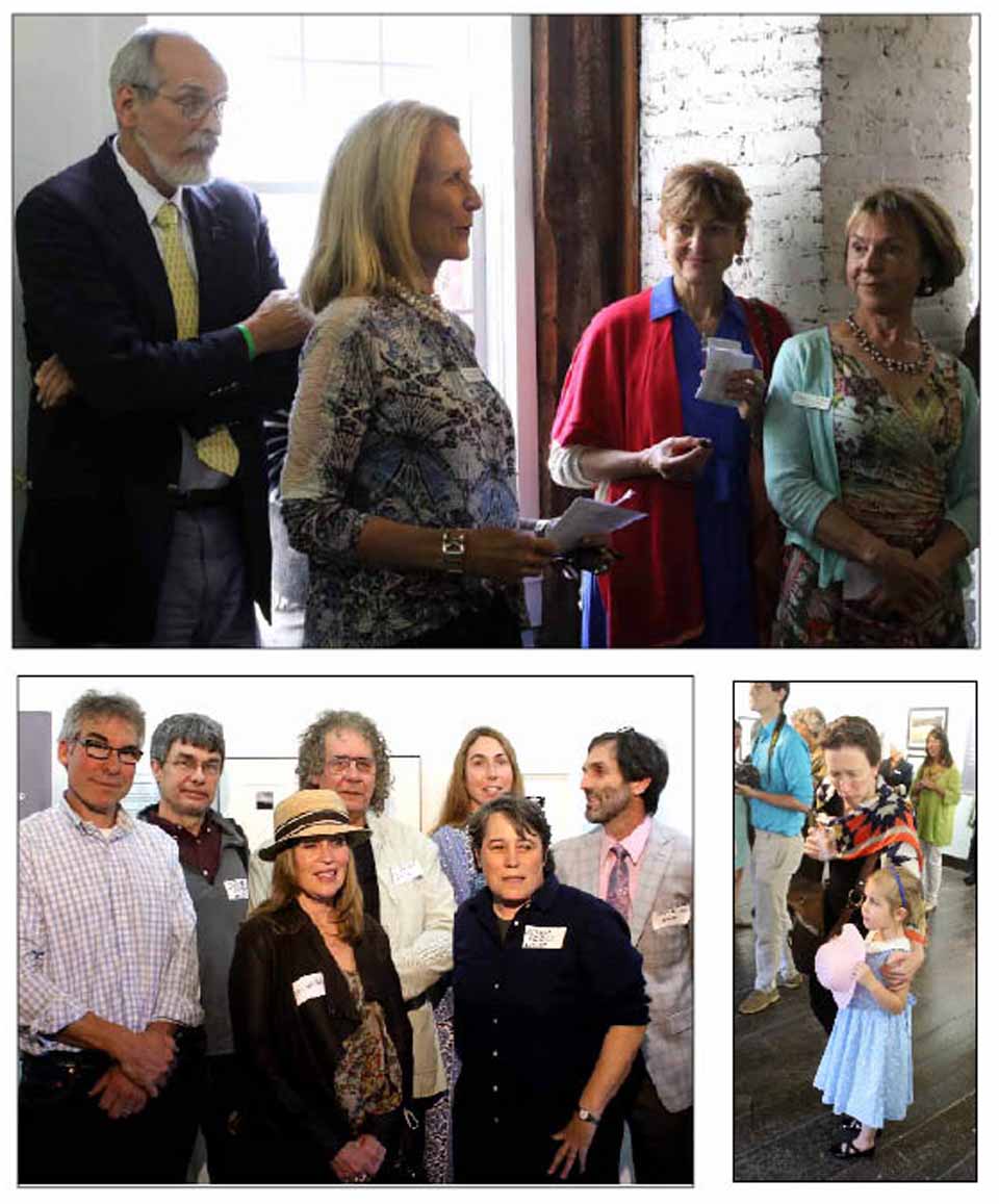 Otsego 2000 President Nicole Dillingham, top, this evening delivers an appreciation of Henry S.F. Cooper Jr. at a reception for his friends and supporters o f the environmental organization in the midst of "Almost Lost Landscapes,” a tribute to Cooper on the second floor of the Smithy Gallery in Cooperstown. With her are, from left, Dr. Chris Kjolhede, Julie Huntsman, the Fly Creek veterinarian, and Sydney Waller, proprietor of The Art Garage on Beaver Meadow Road and organizer of the exhibit. Below left are some of artists contributing to “Almost Lost Landscapes,” from left, Andy Baugnet, James Young, Amelia Bauer, Bob Eklund, Megan Irving, Abby Rodd and Stephen Zerby. Lower right is Henry Cooper’s daughter Lizzie and granddaughter Annie. (Jim Kevlin/AllOTSEGO.com)