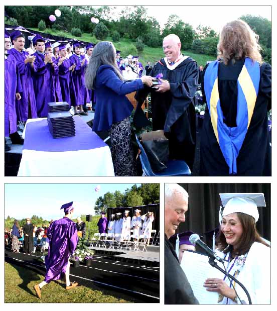 The Milford Central School Class of 2016 (and the whole audience at this evening's graduation) , in top photo, give Superintendent of Schools Peter Livshin a standing ovation after School Board President Susan Ward, left,tearfully praised his 19-year tenure and presented him with a photo album commemorating his tenure. Lower right, senior Hunter Leonard bounds onto the stage at the start of the ceremony in the MCS soccer field. Lower right, a smiling and blushing valedictorian Hannah Baker accepts a list of scholarships that went on and on – from the Sohacki Science Award to the Community Bank Music Award to hte Carolyn Scanlon Award. She plans to study music therapy in college next year. (Jim Kevlin/AllOTSEGO.com)