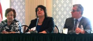 Franca Armstrong, associate vice president of workforce development, Mohawk Valley Community College, make a point during today's panel discussion at The Otesaga. She is flanked by Alice Savino, executive director of the state Workforce Development Board, and Joe Booan, director of student programs, ONC BOCES (AllOTSEGO.com photo)
