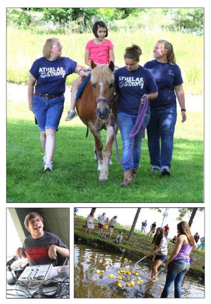 The Family Resources Council organized a Rubber Duck Derby this afternoon in Oneonta’s Neahwa Park.  In top photo, Clara Serrano, Brewster, who is visiting her grandmother, Brigitte Beehler, in Oneonta, rides Daisy, brought to the races by Athelas Therapeutic Riding, Otego.  Leading Daisy are Tiffany Perillo, Allison Mosher and Anneliese Glichrest, all of Otego.  Lower left, DJ Patrick Dewey, Cooperstown, home for the summer after his freshman year at Edinboro University in Pennsylvania, kept toes tapping through the afternoon.  Lower right, as the derby comes to an end in Mill Race, Bainbridge pals Darcey McElligott and Dina Cordes gather up the ducks for next year.  The afternoon benefitted Legacy Resource Space for children with disabilities.  (Ian Austin/AllOTSEGO.com)