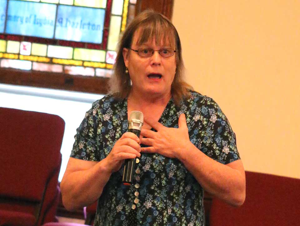 "I'm bless," Denise Wilkinson says of living in Oneonta as a transgender woman at last Friday's Town Hall meeting at the Unitarian Universalist Church.  (Ian Austin/AllOTSEGO.com)