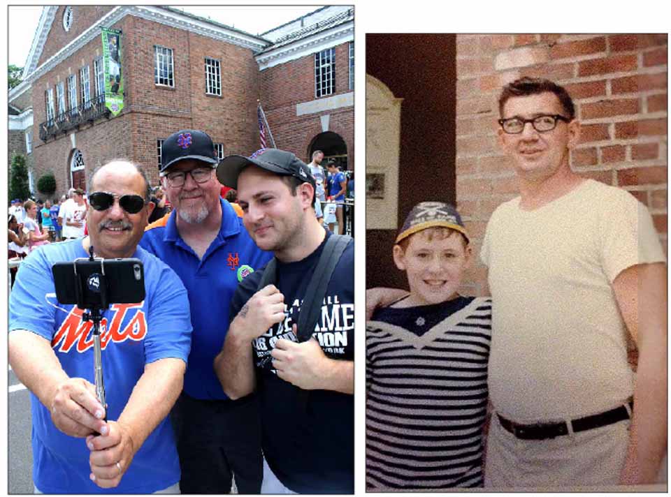 John Beaumier of Edison, N.J., in center of left-hand, was at the Baseball Hall of Fame this morning for the first time in 50 years, since dad Gaston, in right photo with his son, brought John when he was a boy. Commemorating the event with a selfie was John's friend Paul Messina, also of New Jersey, and his son Rob. (Jim Kevlin/AllOTSEGO.com)