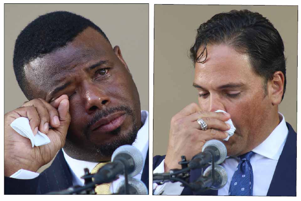 Frequently tearful during their acceptance speeches, former Marlin Ken Griffey Jr., left, and former Met Mike Piazza were inducted into the National Baseball Hall of Fame in a ceremony in Cooperstown under a clear blue, 92-degree sky. (Ian Austin/AllOTSEGO.com)