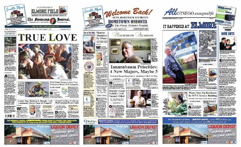 The nip in the air the past couple of nights underscores what we've all been anticipating: The return of 6,000-some college students to Oneonta and Otsego County. In Hometown Oneonta, check out interviews with the chief academic officers at Hartwick College, which is adding four, maybe five, new majors, and SUNY Oneonta, which is ever seeking to tighten its focus on its students' welfare. In The Freeman's Journal, find out about Sarah True's plans after completing her second Olympic Games.