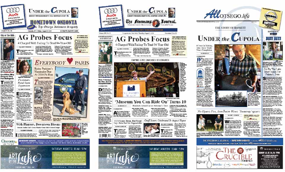 State Atty. General Eric Schneiderman charging four Focus At Otsego workers for allegedly neglecting a 94-year-old patient for 41 hours leads both Hometown Oneonta and The Freeman's Journal, as the former Otsego Manor serves elderly residents from around the county. Both newspapers are on newsstands this afternoon.