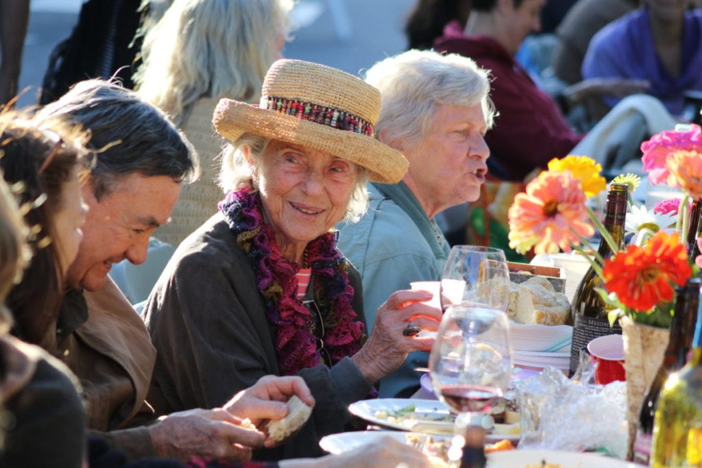 Eileen Dean and Vera Talebi, Cooperstown, wine and dine at the 5th annual Growing Community Harvest Dinner held this evening on Main St. in Cooperstown. Neighbors brought out all their signature dishes to share with friends and family as they usher in fall in upstate New York. (Ian Austin/ALLOTSEGO.com)