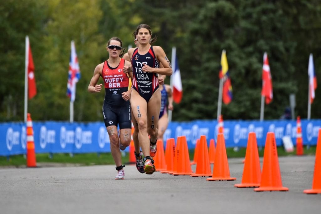 Otsego's Olympian Sarah True passes Flora Duffy, Bermuda, in the run of the ITU World Triathlon Series in Edmonton, Aberta on Sunday. (Photo Credit: Wagner Araújo/ITU)