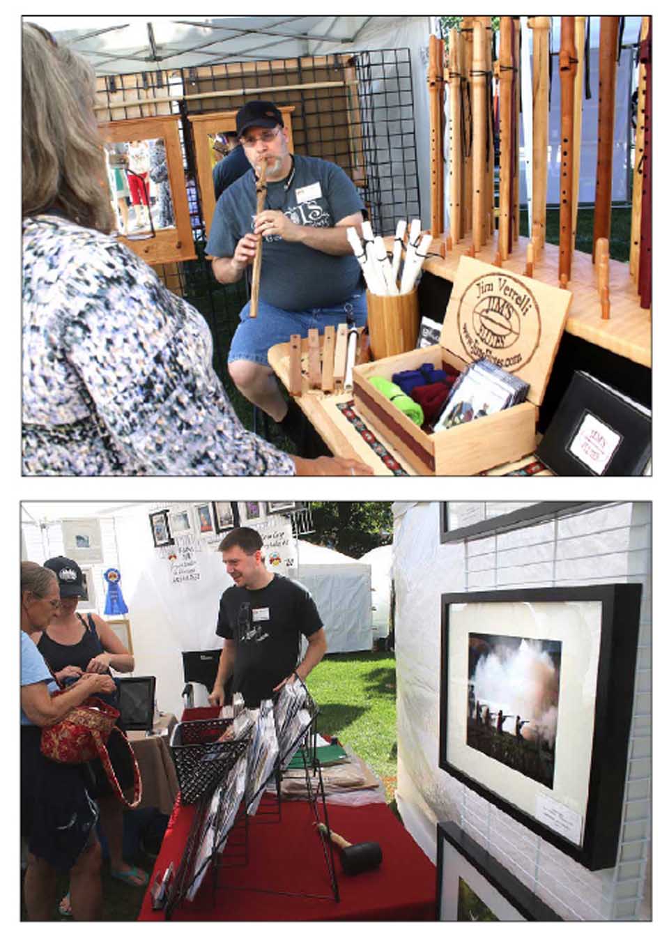 You couldn't turn around at the 22nd annual Colorscape Chenango Arts Festival today without running into someone from Otsego County, be they Alan and Lynne Sessions of Oneonta to Richard Duncan and Pam Welch of Arnold's Lake. That includes such vendors as Jim Verrillii of Jim's Flute, Oneonta, in top photo, and Kevin Gray, the Cherry Valley photographer, in the bottom one. Kevin's photo, at right, is of the 150th reenactment of the Battle of Gettysburg. The annual arts show, on Norwich's central square, attracted more than 170 craftspeople this year. (Jim Kevlin/AllOTSEGO.com)