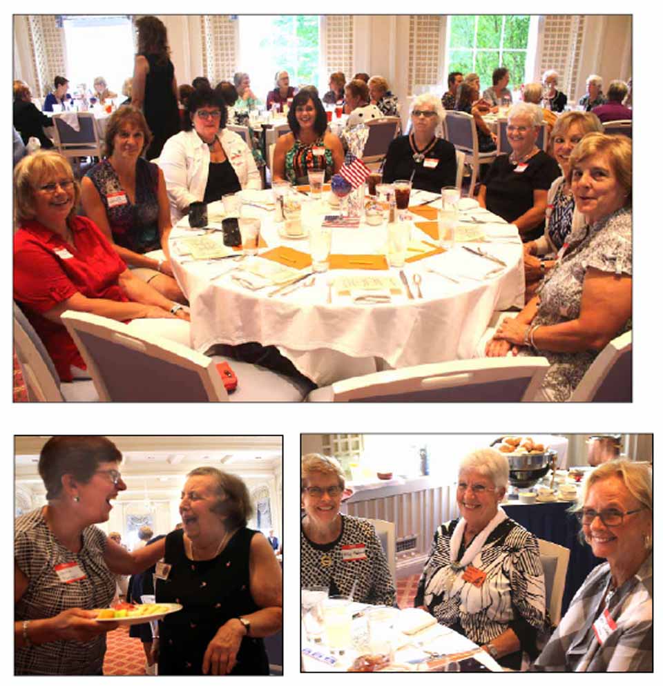 In high spirits, 150 of the Native Daughters of Cooperstown gathered today in The Otesaga ballroom for the annual luncheon. In top photo, Sue Bennett Fink, third from right, attended with, to her right, sister Barb Dillon and daughters Kelly Banner and Wendy Onyan. At left are Linda Windsor and Janette Lyons; at right, Judy Smith Motz and Mary Winne. Lower right, Jackie Bridger Parshall, left, shares a laugh with Barbara Skinnner. Lower right, Barbara Koniuto, center, the former county GOP chair, chats with Nancy Adams, left, and Carol Hanlon. Today's speaker was Katie Wick Noakes, CCS Class of '64, who shared such memories as setting pins at the Clark Gym for $20 a game. Her dad ran the Charles A. Wick garage on upper Main; her mom, Rtuch, was a teacher. (Jim Kevlin/AllOTSEGO.com)