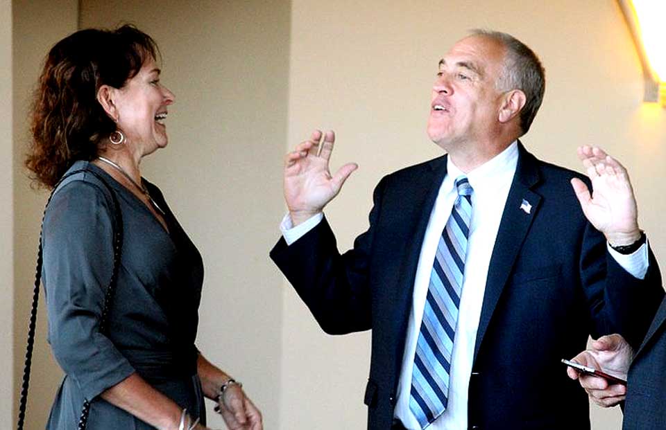 Attorney Dennis Laughlin of Cherry Valley is also a photo buff, and sent along a slide show of attendees at the annual Henry Nicols County Democratic Dinner Saturday at Foothills.  Here, The keynote speaker, state Comptroller Tom DiNapoli, shares a laugh with former Oneonta Mayor Kim Muller, who is also on the state committee.