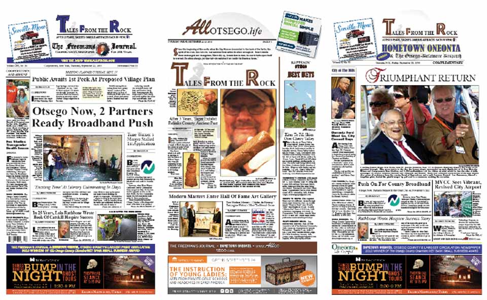 Two Oneonta titans are celebrated in this week's newspapers. One, former mayor Sam Nader, now 97, who was at the 50th anniversary recognition of the Oneonta Municipal Airport, which only his determination led to its construction in 1966. Two, Willard Yager, a "gentleman-scholar" who developed a collection of 6,000 Indian artifacts between 1890 and his death in 1929; after a three-year hiatus, an exhibition of his collection opens at with a 6 p.m. reception tomorrow at Harwick College's Yager Gallery. An article in both The Freeman's Journal and Hometown Oneonta reports Otsego Now's Sandy Mathes is moving to act on a second round of rural broadband funding after the state's first round fell flat. If all goes as expected, construction will begin in 2015. This, and much more.