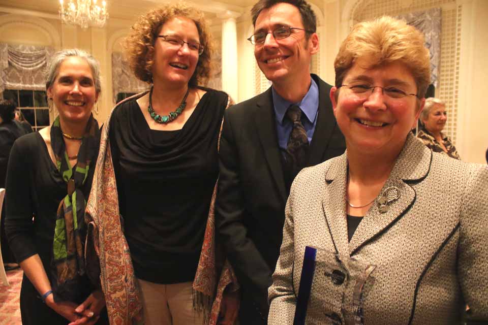 Hartwick College President Margaret Drugovich and the team that put together the Center for Craft Food & Beverage were recognized with the Otsego County Chamber/Excellus Breakthrough Award this evening at the chamber's Small Business Banquet at The Otesaga. With her are, from right, Center Director Aaron McLeod, and Professors Mary Lee and Carli Ficano. (Jim Kevlin/AllOTSEGO.com)